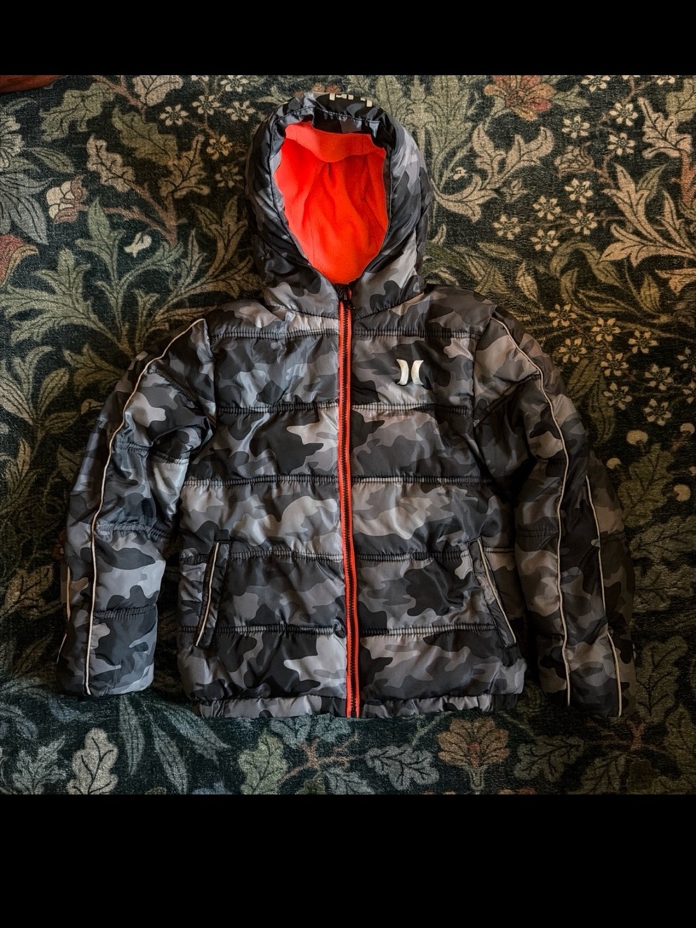 Hurley Kids' Gray & Black Camo Puffer Jacket with Orange Lining